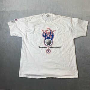 VTG Toronto Blue Jays Flaming Baseball Graphic T Shirt White Size XL Hanes